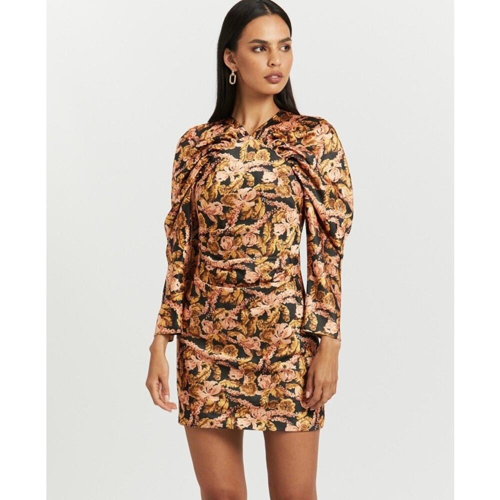 SIGNIFICANT OTHER Fern Dress Womens 4 Floral Print Long Sleeve Mini Ruched NWT